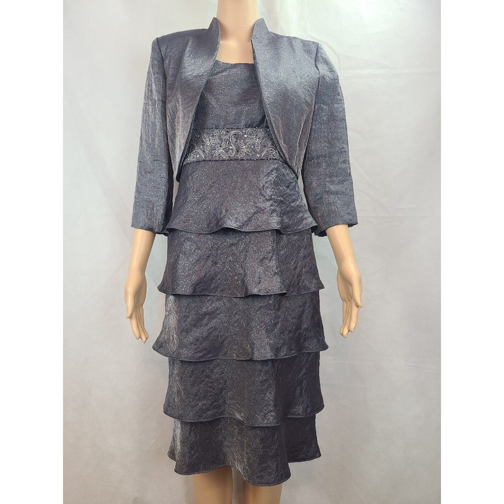 David's Bridal Women's (8) Gray Shimmer Embroidered Waist Tiered Jacket Dress
